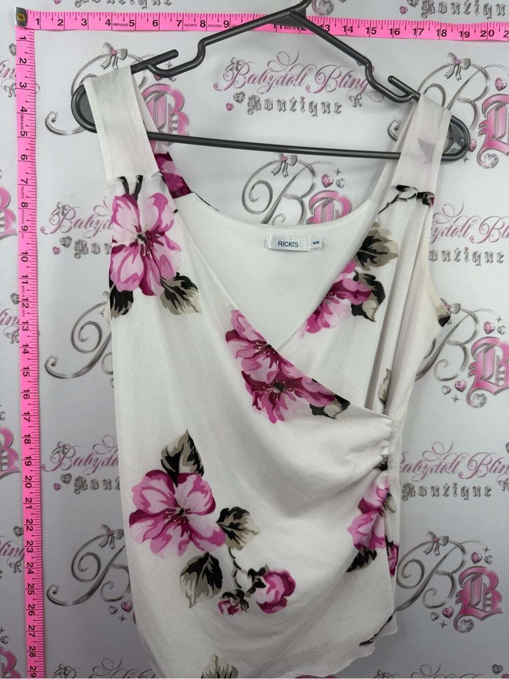 Ricki's tank top White Floral Surplice Tank Top with Pink Blooms